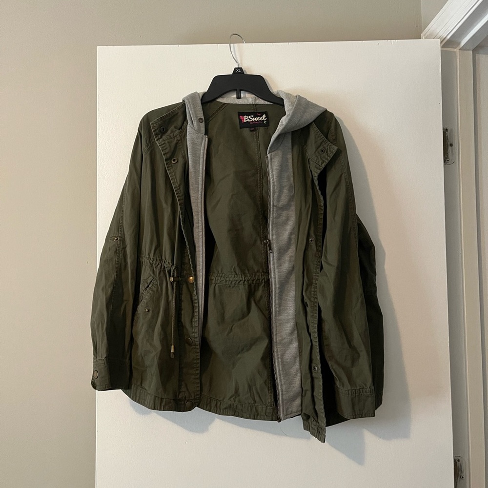 mid length, green bomber jacket with gray hood